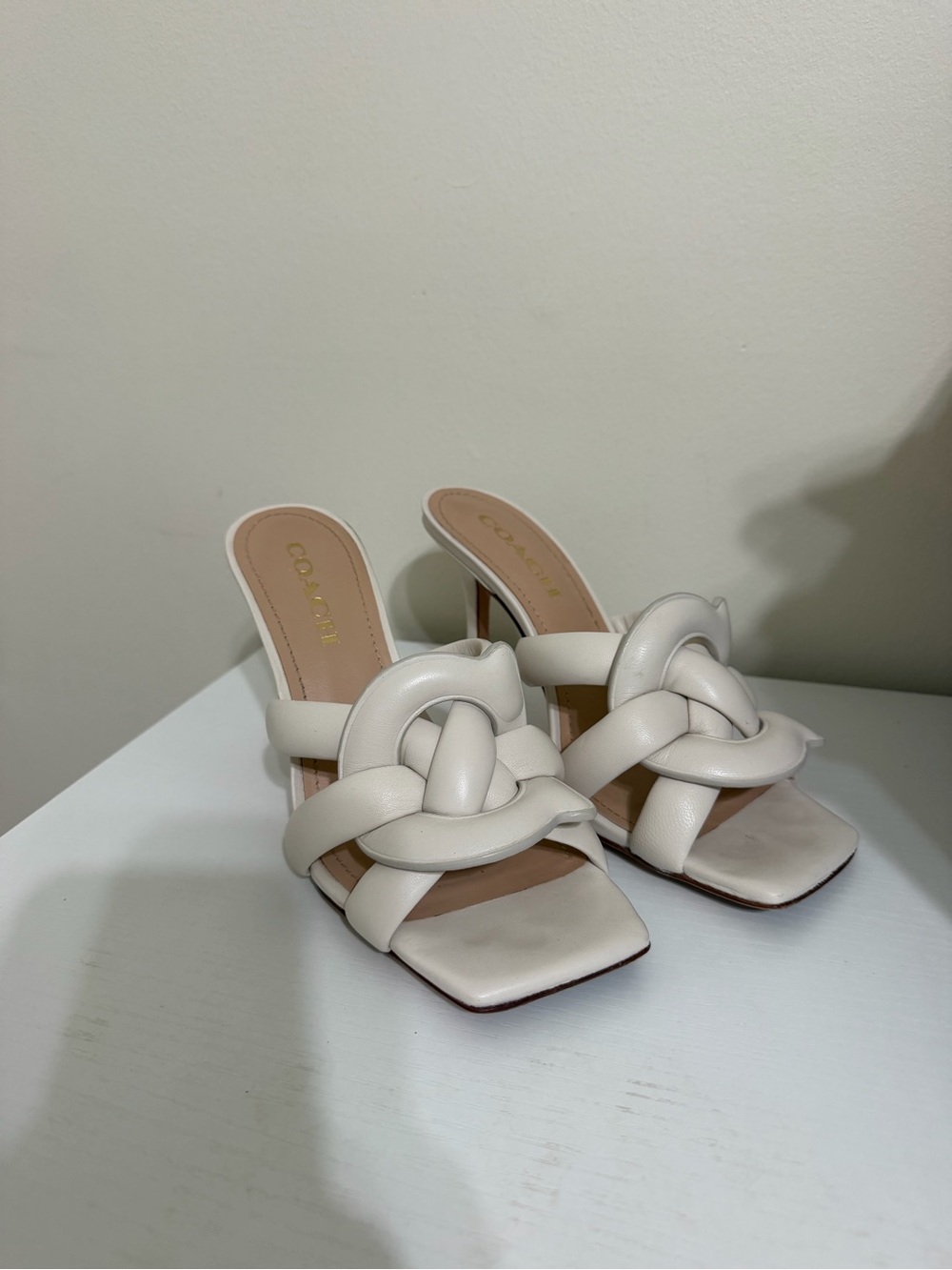 Coach Ivory Knotted Leather Mule Sandals